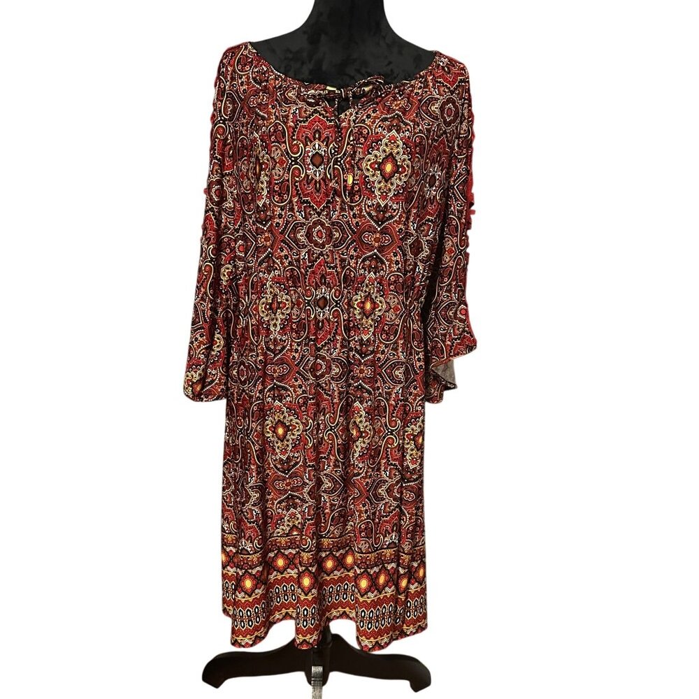 Tacera Dress XL‎ Boho Red Paisley Bell Sleeves Cutout Tie Neck Floral Aztec